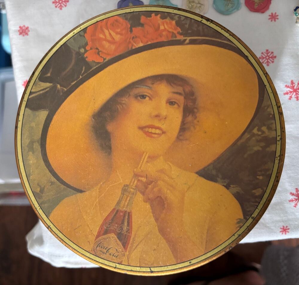 Bristol Ware Vintage 1988 Drink Coca Cola Round Tin Pretty Lady in Hat